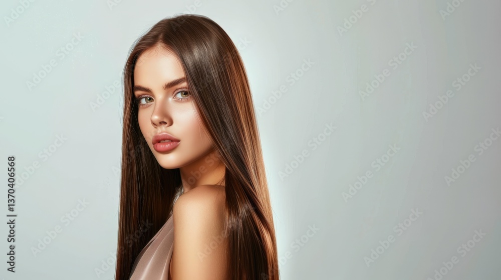 Naklejka premium Beautiful woman with long hair posing against a minimalist background 