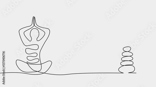 Zen rock balancing and human meditation continuous one line drawn