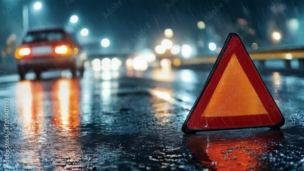 A bright caution signal stands on a wet road at night, reflecting the headlights of passing cars in rainy weather, highlighting road safety