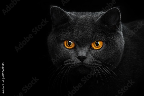 A British Shorthair cat with golden eyes staring intensely at the camera, with soft fur details