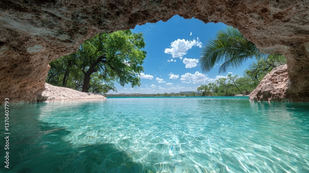 Obraz premium Crystal-clear lake view from a cave opening. Lush trees and a tranquil scene