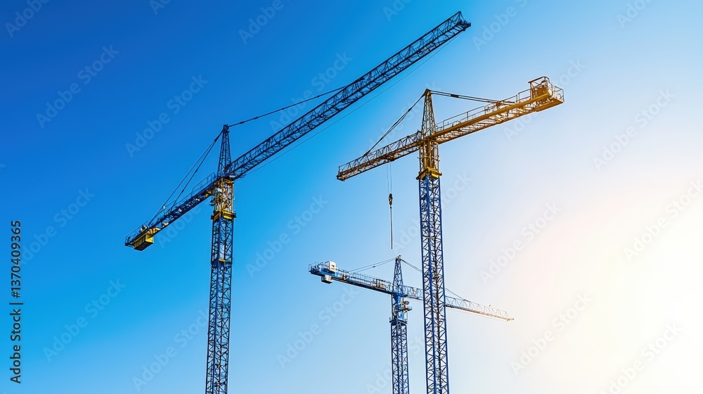 Three tall construction cranes against a clear blue sky, showcasing industrial work in progress and a modern urban landscape. Three tall construction cranes against a clear blue sky, showcasing industrial work in progress and a modern urban landscape.