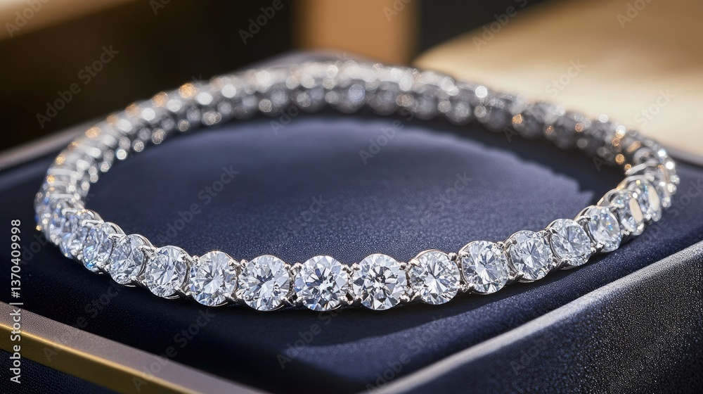 A classic diamond necklace with a platinum setting displayed in a luxury case. A classic diamond necklace with a platinum setting displayed in a luxury case.