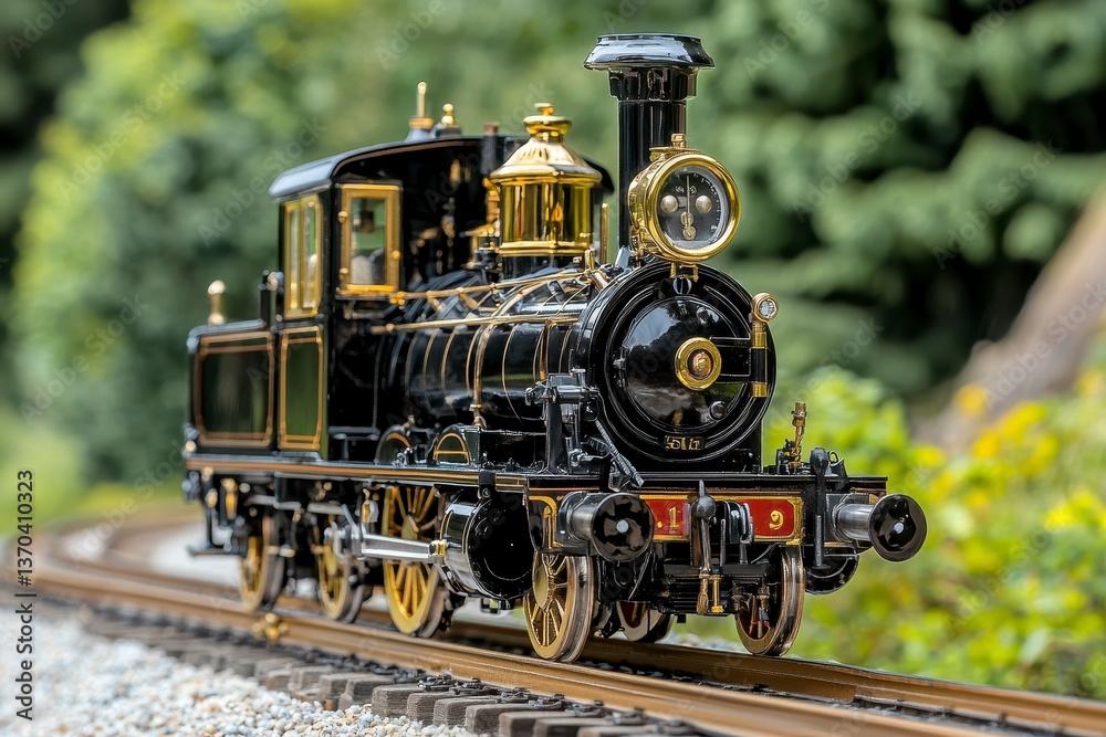 Fototapeta premium Detailed Black and Gold Vintage Steam Train Model on Miniature Railway Track
