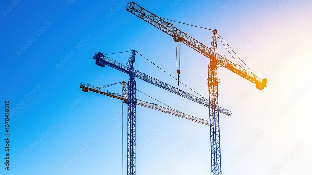 Three construction cranes silhouetted against a clear blue sky, representing the growth and development of urban infrastructure. Three construction cranes silhouetted against a clear blue sky, representing the growth and development of urban infrastructure.