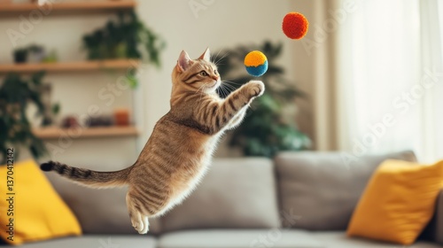 Playful Kitten in Mid-Air, Catching a Ball