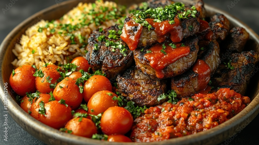 Grilled beef, rice, and cherry tomatoes Grilled beef, rice, and cherry tomatoes
