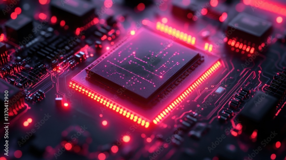 Fototapeta premium Close-up of glowing circuit board with processor