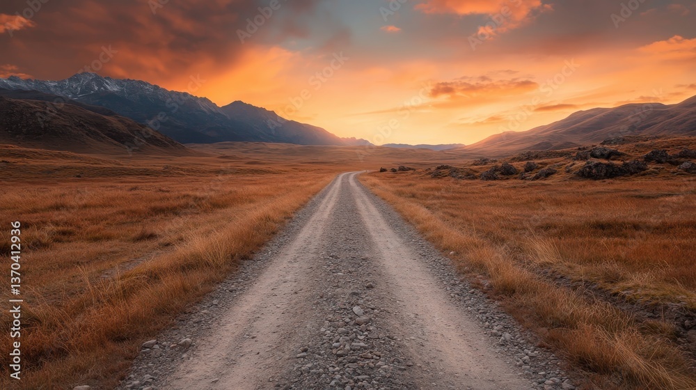 The image captures a gravel path winding through vibrant highlands, illuminated by the stunning colors of sunset over the mountains in the background. The image captures a gravel path winding through vibrant highlands, illuminated by the stunning colors of sunset over the mountains in the background.