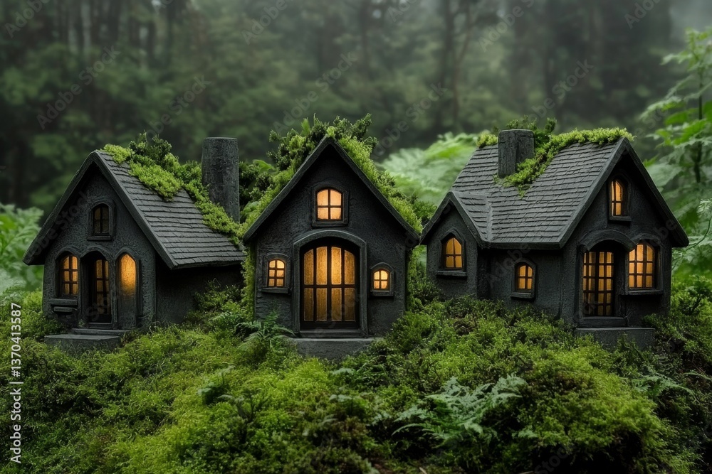 A dark, mysterious tiny village with glowing windows, hidden deep within a foggy miniature forest A dark, mysterious tiny village with glowing windows, hidden deep within a foggy miniature forest