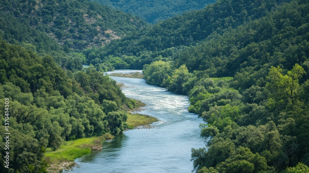 Lush river valley: a tranquil waterway carving its path through verdant slopes Lush river valley: a tranquil waterway carving its path through verdant slopes
