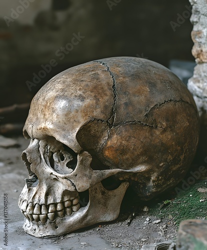 Memento Mori: A detailed close-up of a human skull, bearing the marks of time, rests in an abandoned setting, symbolizing mortality and the passage of time.