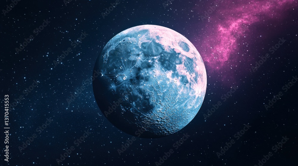 Obraz premium Mystical Celestial Moon Cosmic Landscape with Pink Nebula and Starry Night Sky