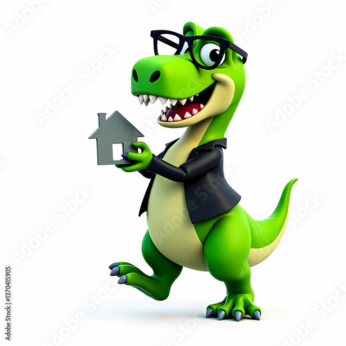 Fototapeta Naklejka Na Ścianę i Meble -  playful cartoon dinosaur presenting a miniature house model