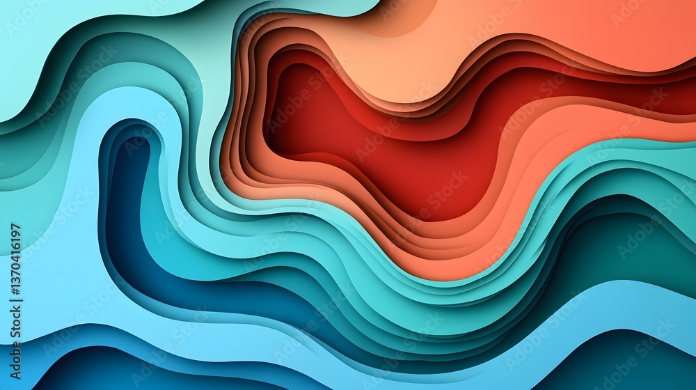 Fototapeta premium Abstract Layered Paper Wave Design Teal Red Orange