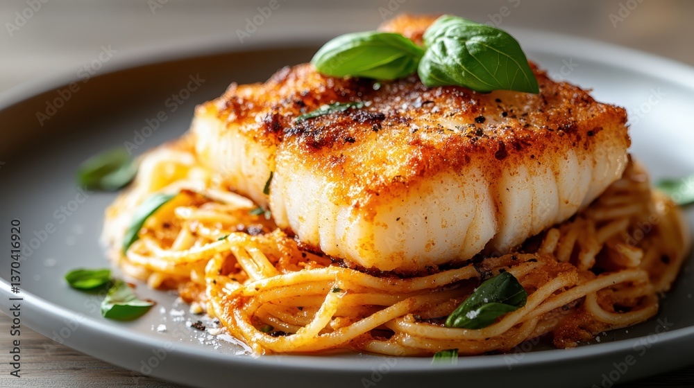 This image showcases an elegant presentation of a fish fillet served with spaghetti, accented by fresh herbs, representing a sophisticated approach to fine dining. This image showcases an elegant presentation of a fish fillet served with spaghetti, accented by fresh herbs, representing a sophisticated approach to fine dining.