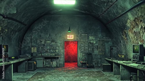Abandoned, dark, computer room, with doorway, suitable for sci-fi or horror