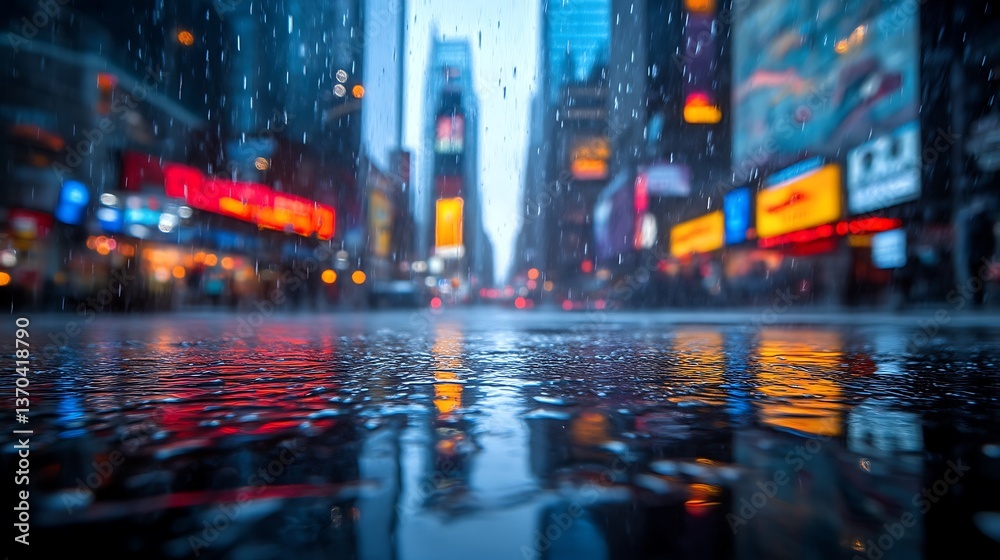 Obraz premium Rain Reflects City Lights In Wet Street