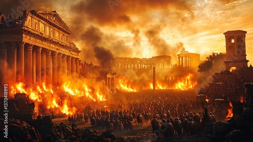 Ancient Rome city burning, historical epic scene, fire, large army, dramatic