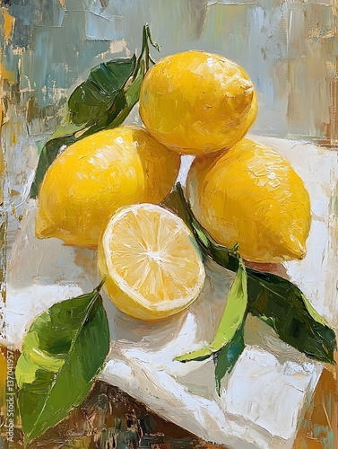 Golden Lemons Still Life: Vibrant and juicy lemons arranged artfully, capturing the essence of freshness in an oil painting.