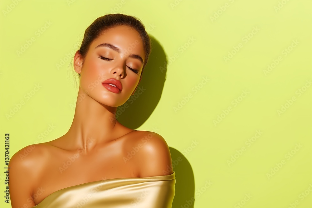 Obraz premium High-End Beauty Portrait of Young Woman with Luminous Skin, Sculpted Cheekbones, Deep Red Lips, Sophisticated Updo in Silky Off-Shoulder Dress, Luxury Branding Aesthetic