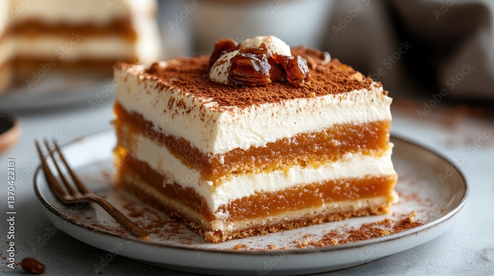 An appealing tiramisu dessert layered with rich cream and a hint of cocoa, garnished with chocolate and nuts, capturing the essence of a classic treat for all occasions. An appealing tiramisu dessert layered with rich cream and a hint of cocoa, garnished with chocolate and nuts, capturing the essence of a classic treat for all occasions.