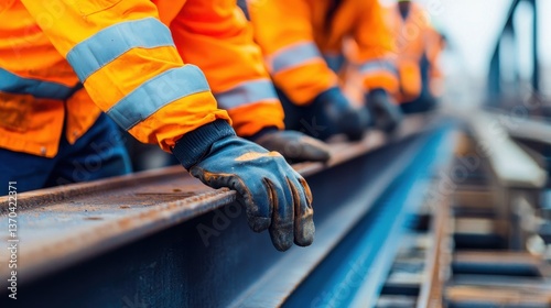 Construction Workers Wearing Safety Gear Working on Railway Track