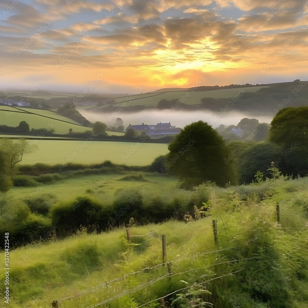 Obraz premium Golden Sunrise Over Misty Rural Farmland Valley