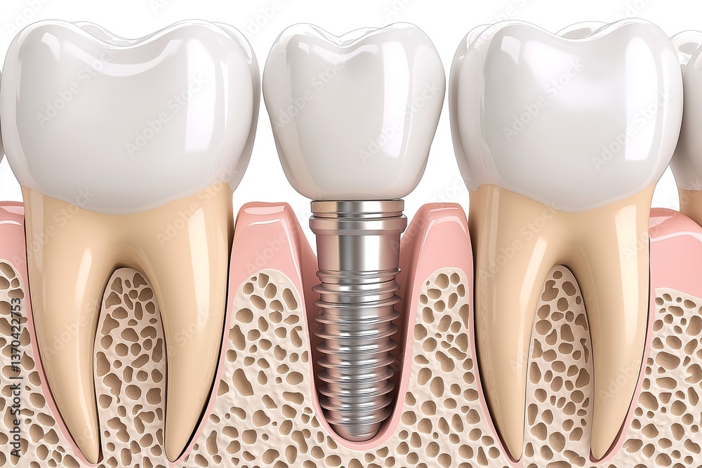 3D Medical Illustration of Dental Implants with Natural Tooth vs Titanium Screw and Bone Integration 3D Medical Illustration of Dental Implants with Natural Tooth vs Titanium Screw and Bone Integration