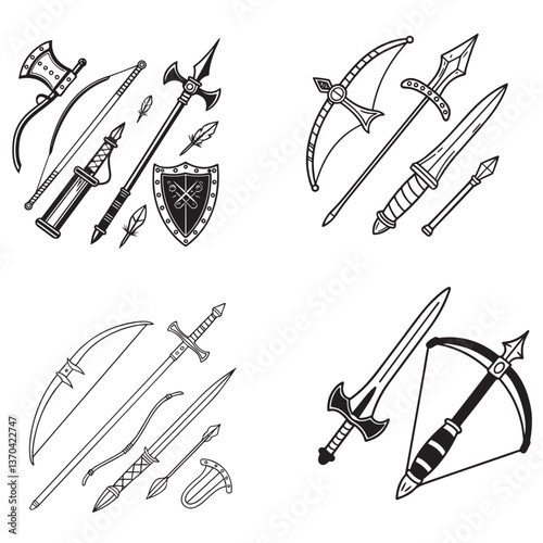 RPG weapon icon set, vector fantasy game sword collection, dungeon dragon battle attack object kit: magic sorcerer staff, warrior dagger, medieval bow, arrow, and character equipment vector 