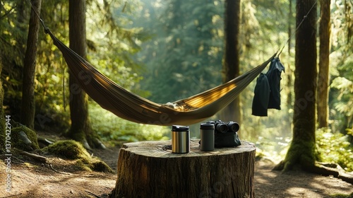 Relaxing hammock setup in a serene forest