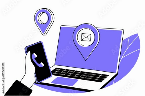 Obraz na płótnie A digital illustration showing a hand holding a smartphone, with a laptop displaying location markers and an email icon, set in a purple color scheme. w salonie