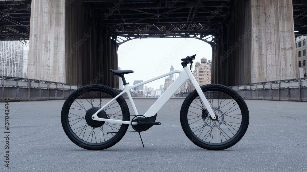 Fototapeta premium Sleek white electric bicycle under city bridge