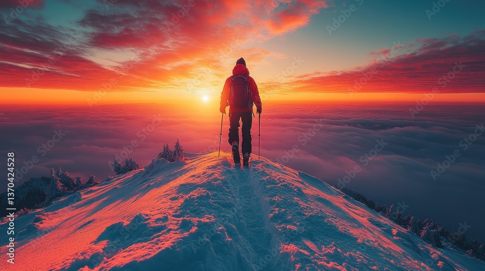 Obraz premium Hiker atop mountain at sunrise