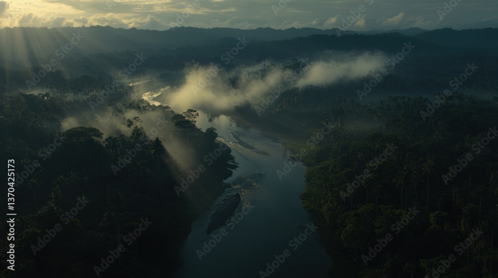 Misty rainforest river valley Misty rainforest river valley