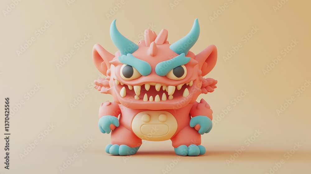 Fototapeta premium A fierce stylized 3D dragon creature with sharp teeth, bold horns, and textured scales in a vibrant fantasy scene. A mythical character diorama evoking power, folklore, and fiery legend.