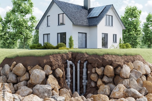 Modern Energy-Efficient House with Geothermal Heating and Cooling, Solar Panels, Smart Home Technology, Cross-Section Showing Heat Exchange Pipes in Natural Rock Layers