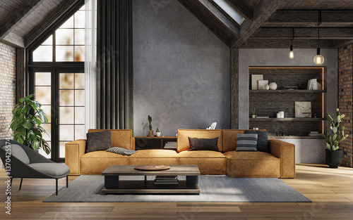 Foto Dark rustic living room with high ceilings, concrete walls, and comfy furniture,