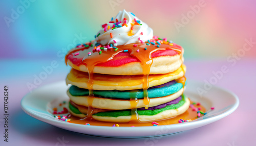 Rainbow Pancakes: A Delightful Stack of Colorful Pancakes Drizzled with Caramel and Topped with Whipped Cream and Sprinkles photo