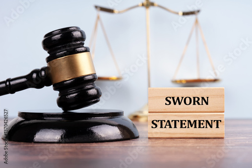Judge's gavel and stick with the word sworn statement. Justice concept