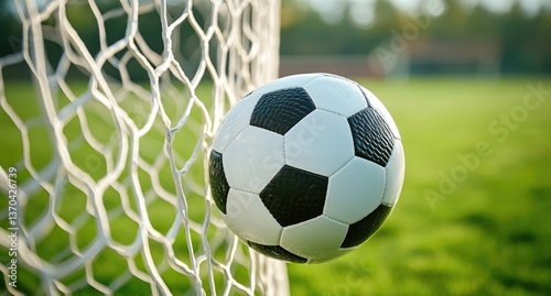 Soccer Ball Impacting White Netting in Golden Hour Field of Green Grass