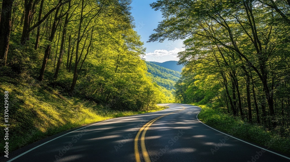 Obraz premium A scenic country road with lush green trees lining both sides under a bright blue sky.