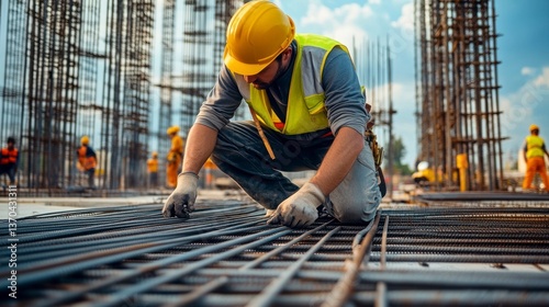 Construction Worker Securing Rebar on Building Site with Safety Gear