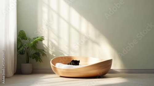 Cozy, minimalist pet bed in a sun-drenched room