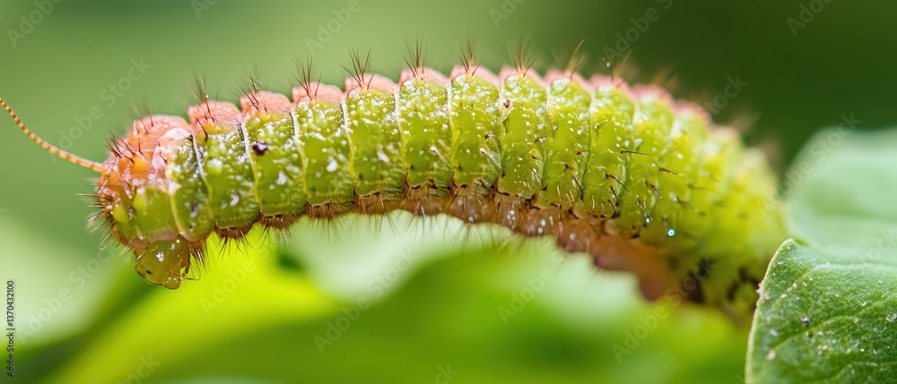 Naklejka premium Green caterpillar on leaf in nature