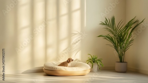 Cozy dog bed in sunlit room