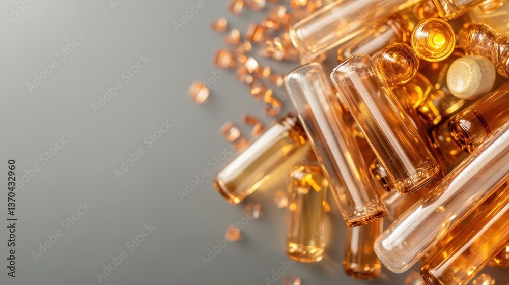 A dynamic arrangement of mixed glass vials captured from above, showcasing their shapes and transparency against a smooth gray background, conveying elegance and creativity. A dynamic arrangement of mixed glass vials captured from above, showcasing their shapes and transparency against a smooth gray background, conveying elegance and creativity.
