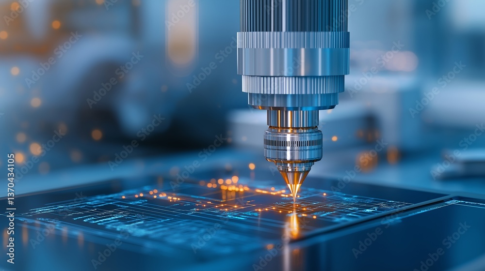 CNC machine measuring tool focused on precision during manufacturing process CNC machine measuring tool focused on precision during manufacturing process