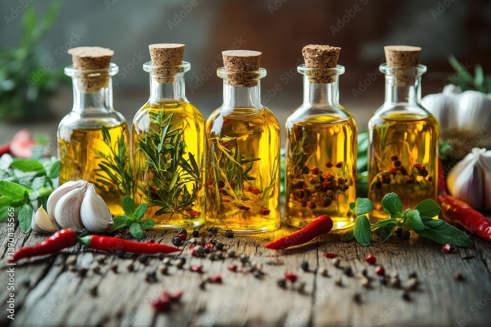 Exotic Herb and Spice Infused Culinary Oils with Fresh Ingredients in Artisanal Glass Bottles Exotic Herb and Spice Infused Culinary Oils with Fresh Ingredients in Artisanal Glass Bottles