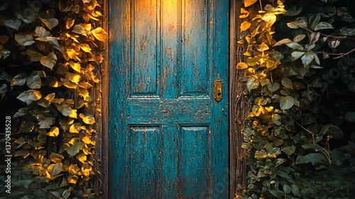 Vintage blue door in overgrown garden, magical glow